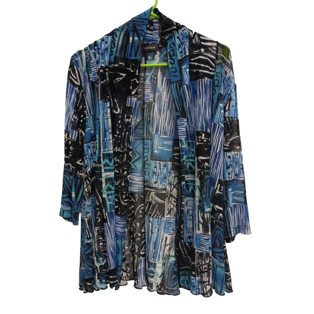 Creation Womens Wearable Art Cardigan XL Blue Black Abstract‎ Mesh Open Eclectic